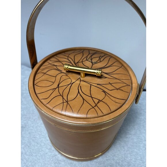 Vintage Faux Leather & Gold Ice Bucket with Handle & Lid Floral Design Top Mid-C - Picture 2 of 8